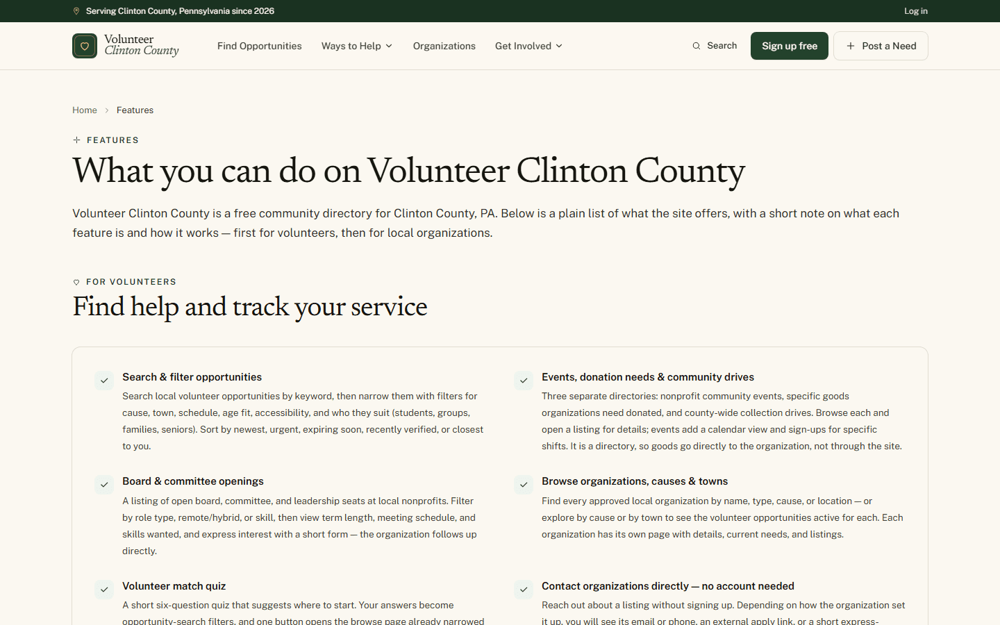 Volunteer Clinton County features for residents and local organizations