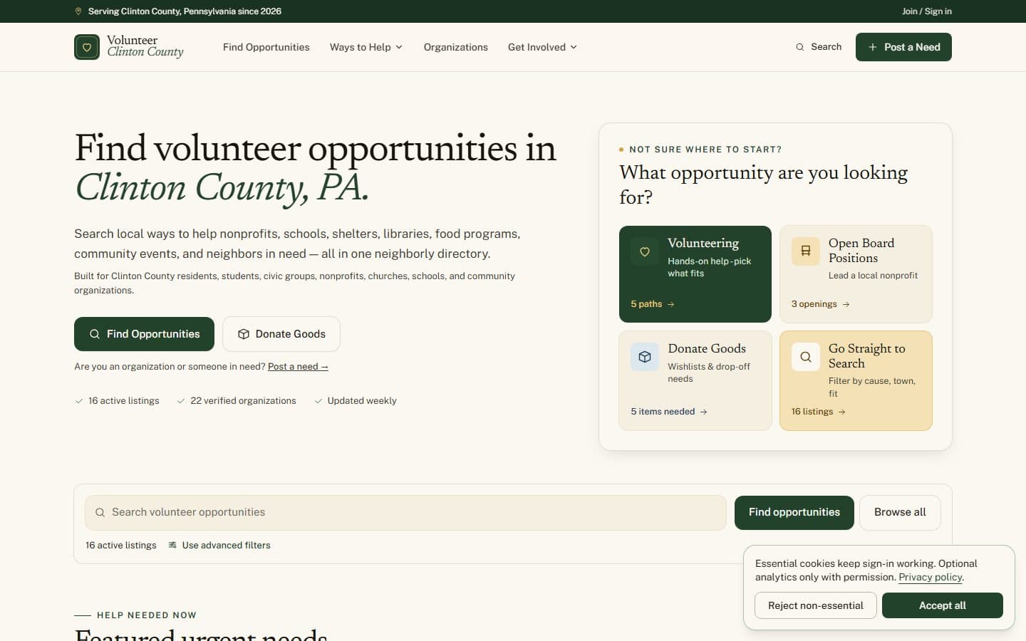 Volunteer Clinton County homepage and countywide volunteer directory