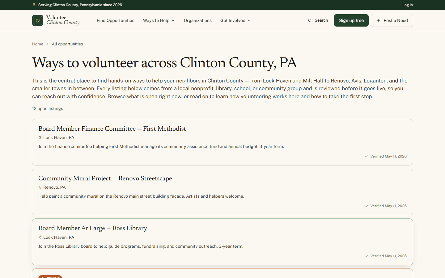 Volunteer Clinton County opportunity search and filtering page