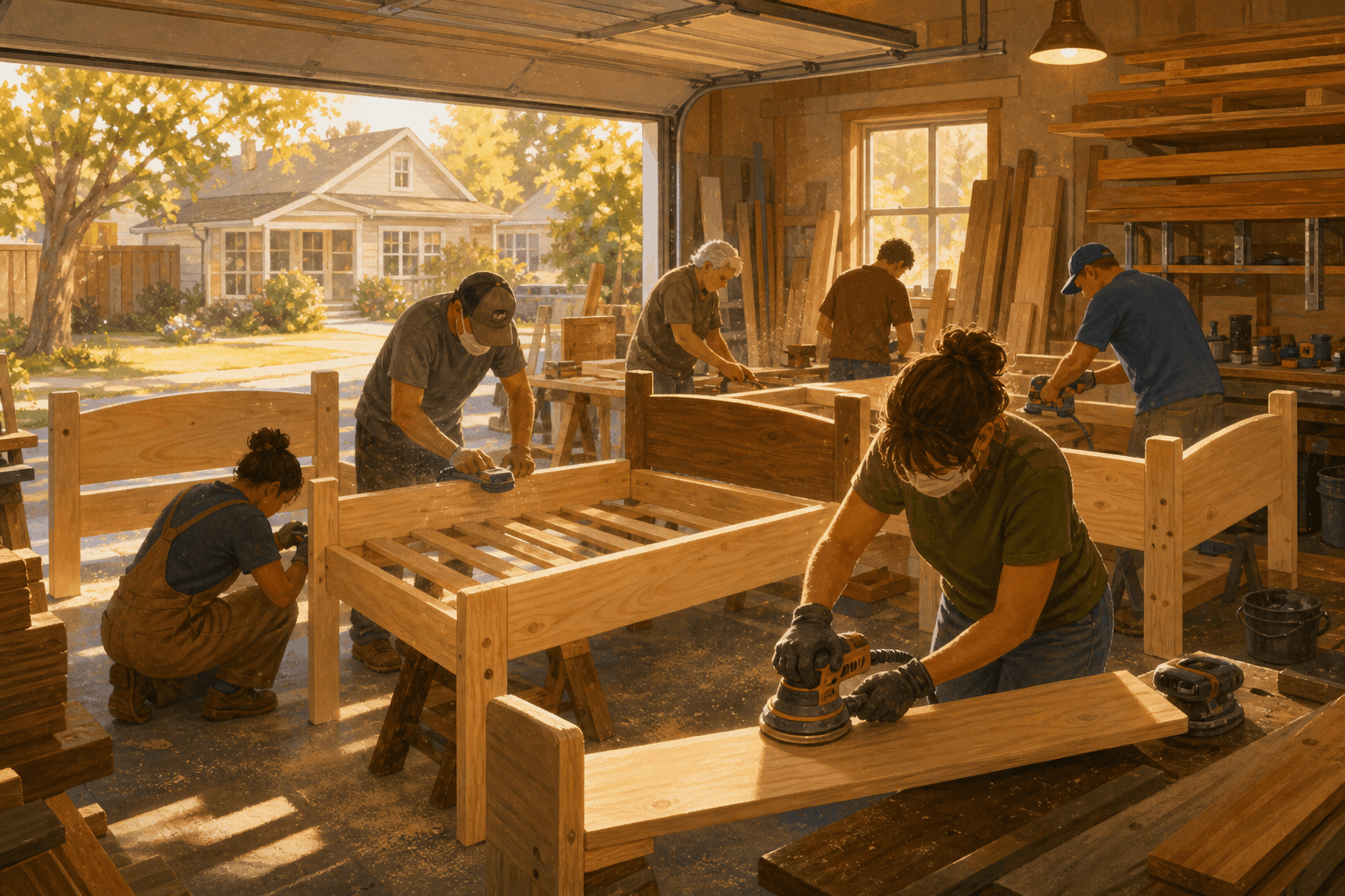 Illustration of a garage workshop with volunteers assembling and sanding wooden bed frames