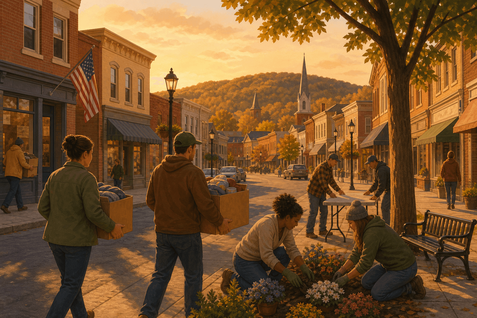 Illustration of a small-town main street with volunteers carrying boxes and planting flowers at dusk