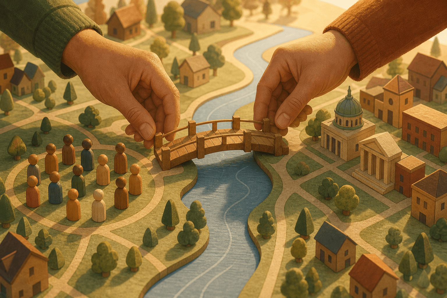 Illustration of hands placing a wooden bridge piece connecting people to organizations on a town map